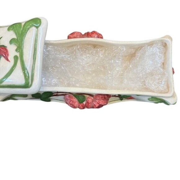 Hand-Painted Ceramic Jewelry Trinket Box With Pink Roses & Green Vines Design - Picture 4 of 12